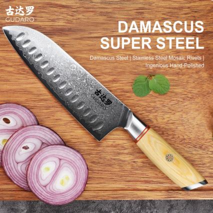 Gudaro - Coltello da cucina Santoku HIKARI in acciaio damasco 7, 67 strati d'acciaio, lunghezza 17,5 cm