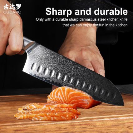 Gudaro - Coltello da cucina Santoku HIKARI in acciaio damasco 7, 67 strati d'acciaio, lunghezza 17,5 cm