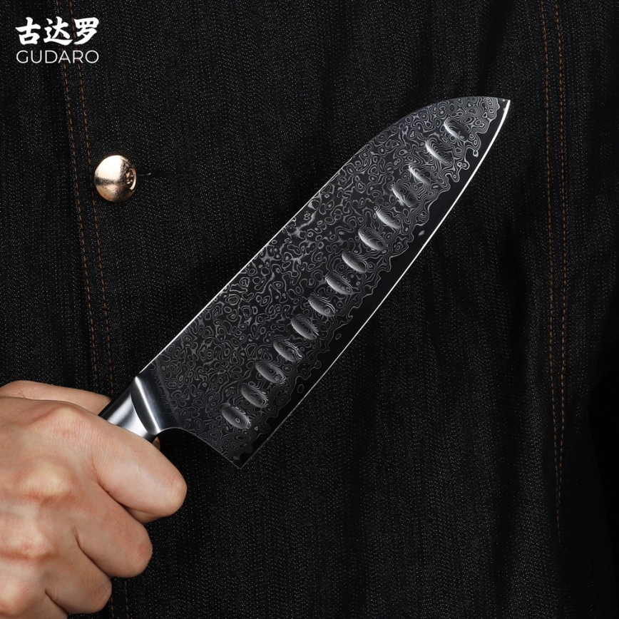 Gudaro - Coltello da cucina Santoku HIKARI in acciaio damasco 7, 67 strati d'acciaio, lunghezza 17,5 cm