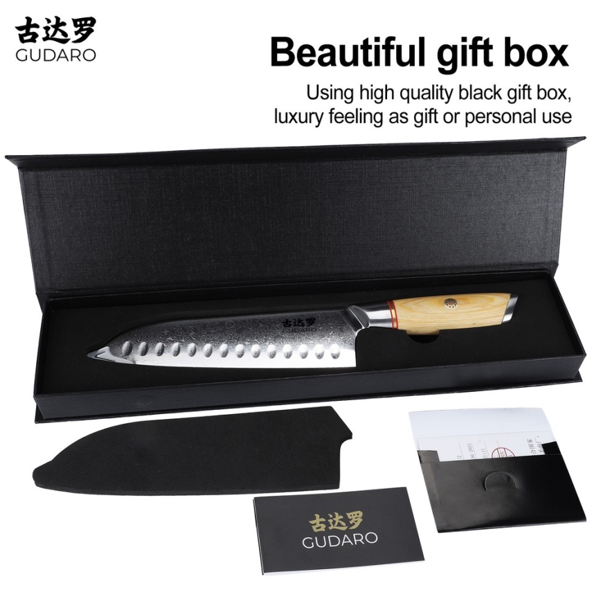 Gudaro - Coltello da cucina Santoku HIKARI in acciaio damasco 7, 67 strati d'acciaio, lunghezza 17,5 cm