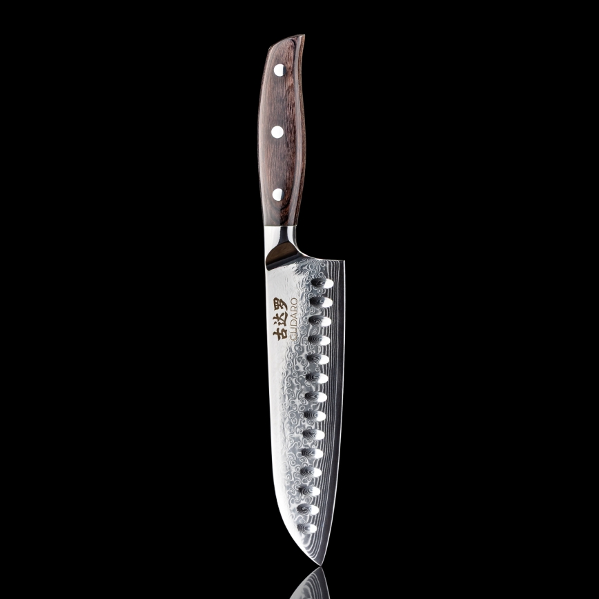 Gudaro - Coltello da cucina Santoku in acciaio damascato SHIRO 7, 67 strati d'acciaio, lunghezza 17,5 cm