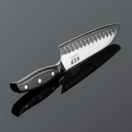Gudaro - Coltello da cucina Santoku in acciaio damascato SHIRO 7, 67 strati d'acciaio, lunghezza 17,5 cm