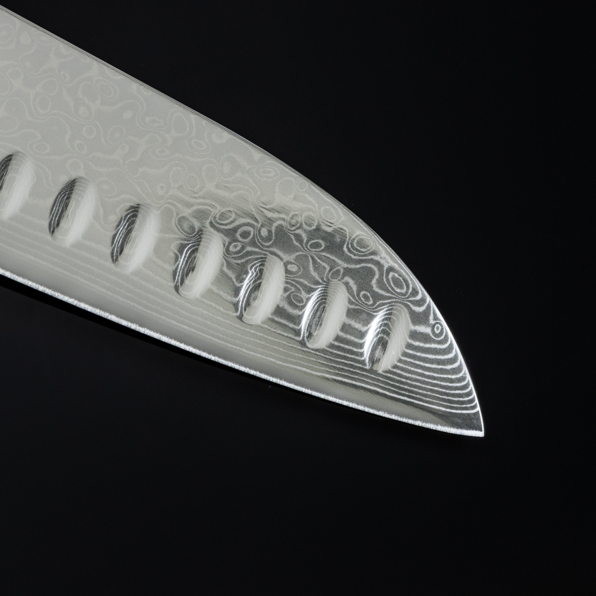 Gudaro - Coltello da cucina Santoku in acciaio damascato SHIRO 7, 67 strati d'acciaio, lunghezza 17,5 cm