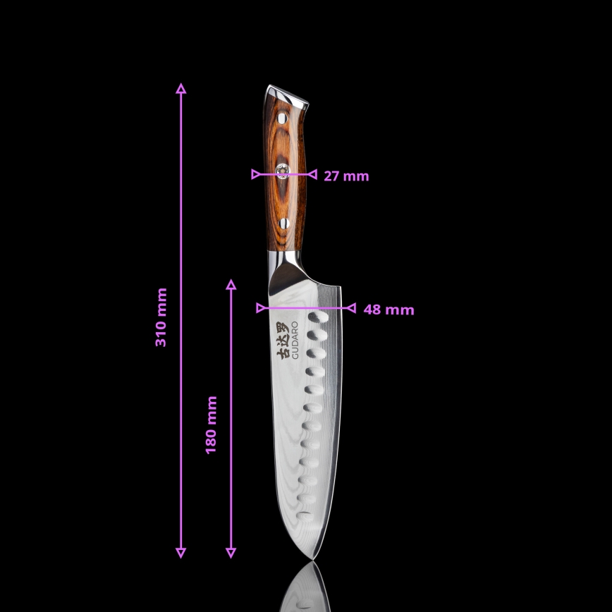 Gudaro - Coltello da cucina santoku in acciaio damascato FENG 7,5, 67 strati d'acciaio, lunghezza 18 cm