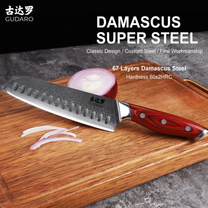 Gudaro - Coltello da cucina Santoku KENSHO 7, in acciaio damasco a 67 strati, lunghezza 17,5 cm