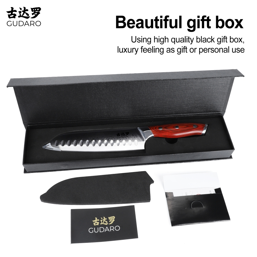 Gudaro - Coltello da cucina Santoku KENSHO 7, in acciaio damasco a 67 strati, lunghezza 17,5 cm