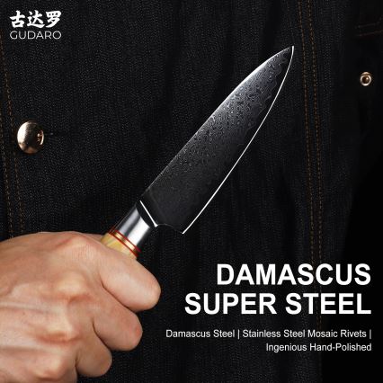 Gudaro - Coltello universale da cucina in acciaio damascato HIKARI 5, 67 strati d'acciaio, lunghezza 12,5 cm