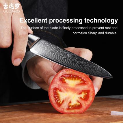 Gudaro - Coltello universale da cucina in acciaio damascato KENSHO 5, 67 strati d'acciaio, lunghezza 12,5 cm