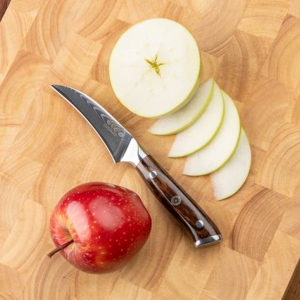 Gudaro - Set 1x coltello da chef in acciaio damascato FENG 8, 67 strati d'acciaio, lunghezza 20 cm + 1x coltello Santoku in acciaio damascato FENG 7,5, 67 strati d'acciaio, lunghezza 18 cm + 1x in omaggio coltello da frutta in acciaio damascato FEN