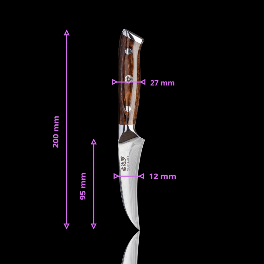 Gudaro - Set 1x coltello da chef in acciaio damascato FENG 8, 67 strati d'acciaio, lunghezza 20 cm + 1x coltello Santoku in acciaio damascato FENG 7,5, 67 strati d'acciaio, lunghezza 18 cm + 1x in omaggio coltello da frutta in acciaio damascato FEN