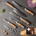 Gudaro-SET 5x coltelli da cucina in acciaio damascato TAKUMI + ceppo per coltelli e forbici per pollame
