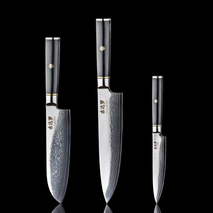Gudaro - Set da 3 coltelli da cucina in acciaio damascato AKIRO + supporto magnetico per coltelli