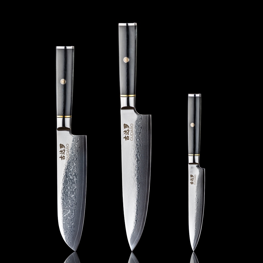 Gudaro - Set da 3 coltelli da cucina in acciaio damascato AKIRO + supporto magnetico per coltelli