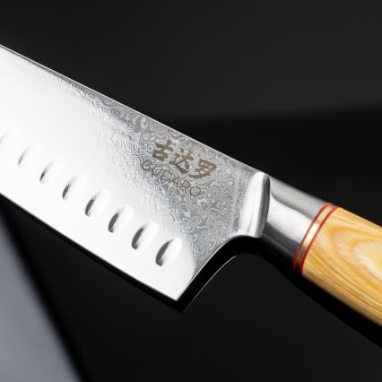 Gudaro - Set da 5 coltelli da cucina in acciaio damascato HIKARI + ceppo per coltelli e forbici per pollame