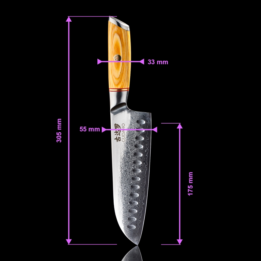 Gudaro - Set da 5 coltelli da cucina in acciaio damascato HIKARI + ceppo per coltelli e forbici per pollame