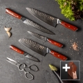 Gudaro - Set di 5 coltelli da cucina in acciaio damascato MIYABI + ceppo portacoltelli e forbici per pollame