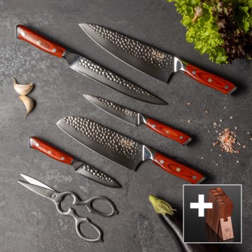 Gudaro - Set di 5 coltelli da cucina in acciaio damascato MIYABI + ceppo portacoltelli e forbici per pollame