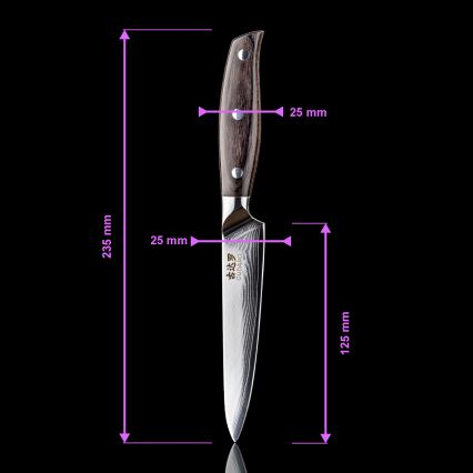 Gudaro - Set di 5 coltelli da cucina in acciaio damascato SHIRO + ceppo per coltelli e forbici per pollame