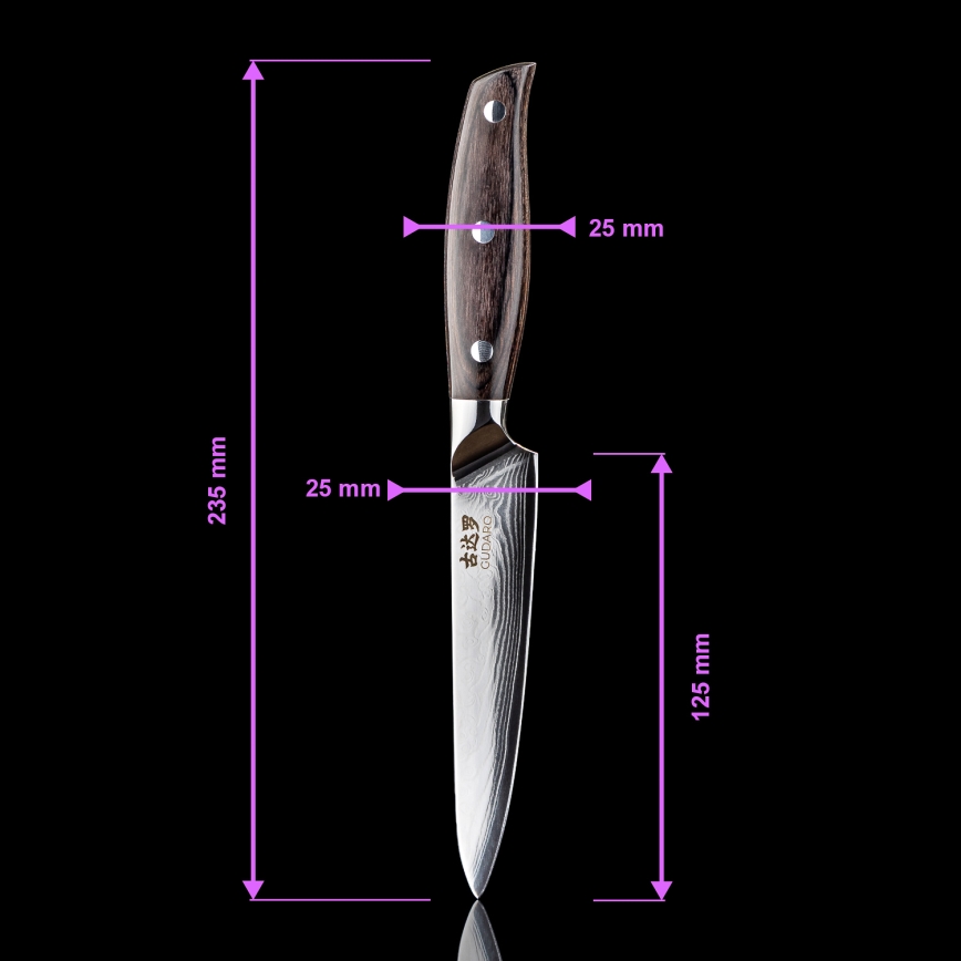 Gudaro - Set di 5 coltelli da cucina in acciaio damascato SHIRO + ceppo per coltelli e forbici per pollame