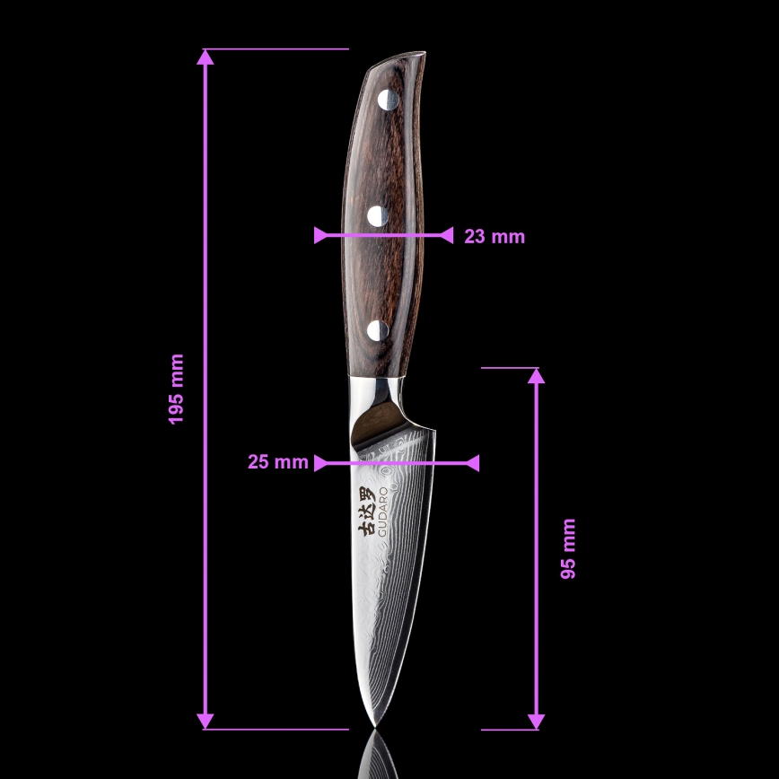 Gudaro - Set di 5 coltelli da cucina in acciaio damascato SHIRO + ceppo per coltelli e forbici per pollame