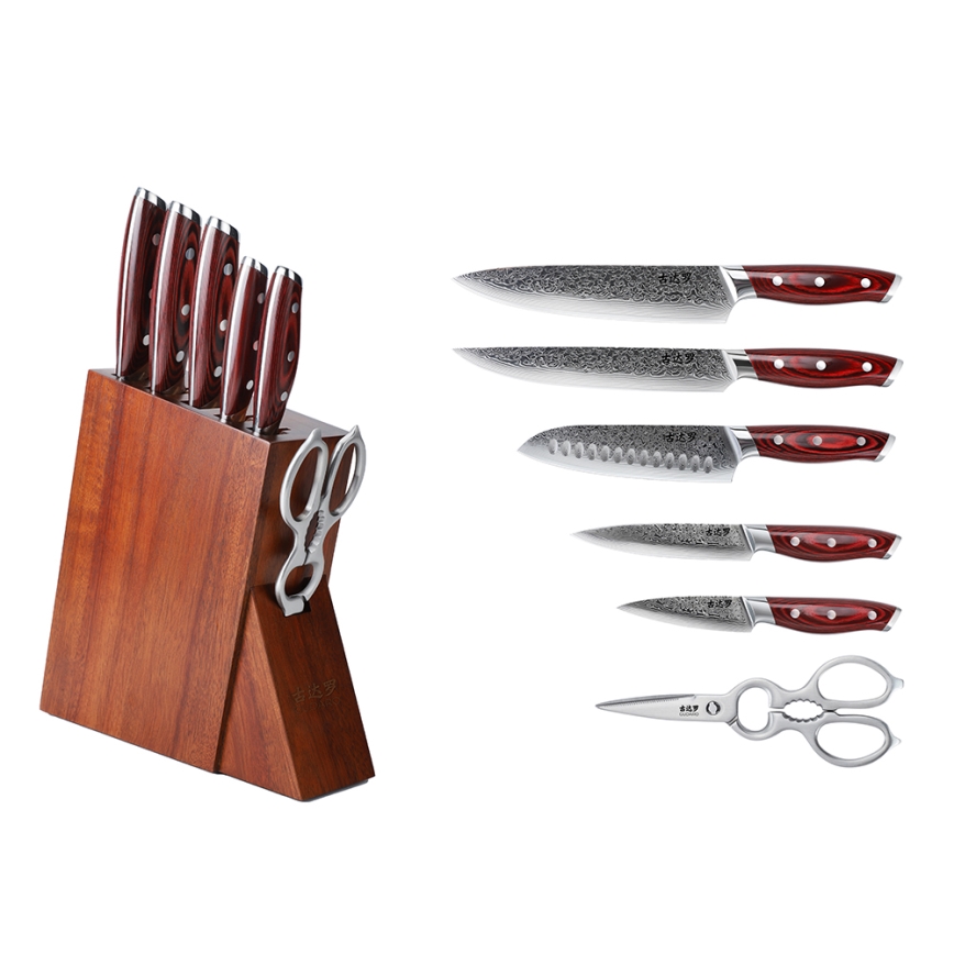 Gudaro - Set di 7 coltelli da cucina con ceppo KENSHO in acacia