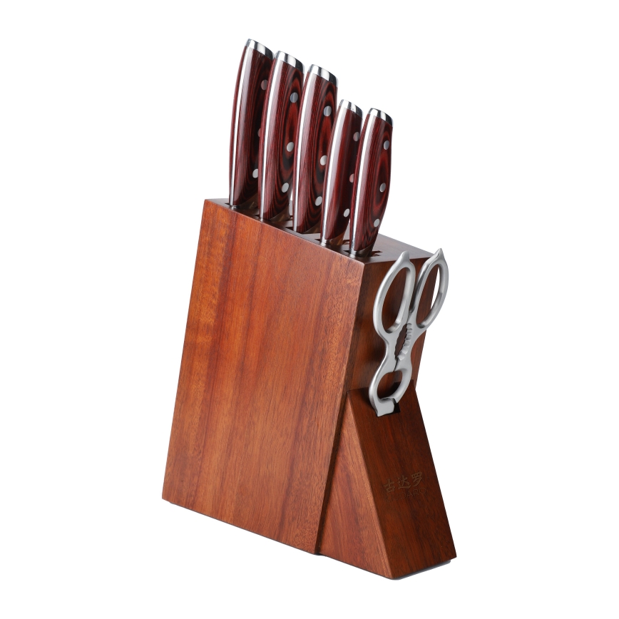 Gudaro - Set di 7 coltelli da cucina con ceppo KENSHO in acacia