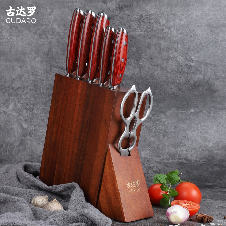 Gudaro - Set di coltelli da cucina con ceppo KENSHO, 7 pezzi, in acacia