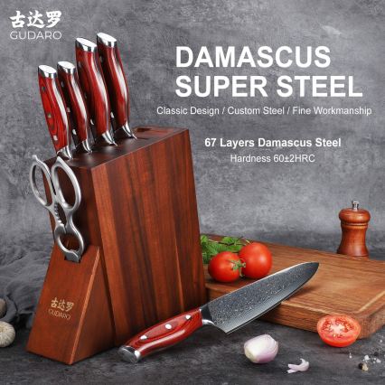 Gudaro - Set di coltelli da cucina con ceppo KENSHO, 7 pezzi, in acacia