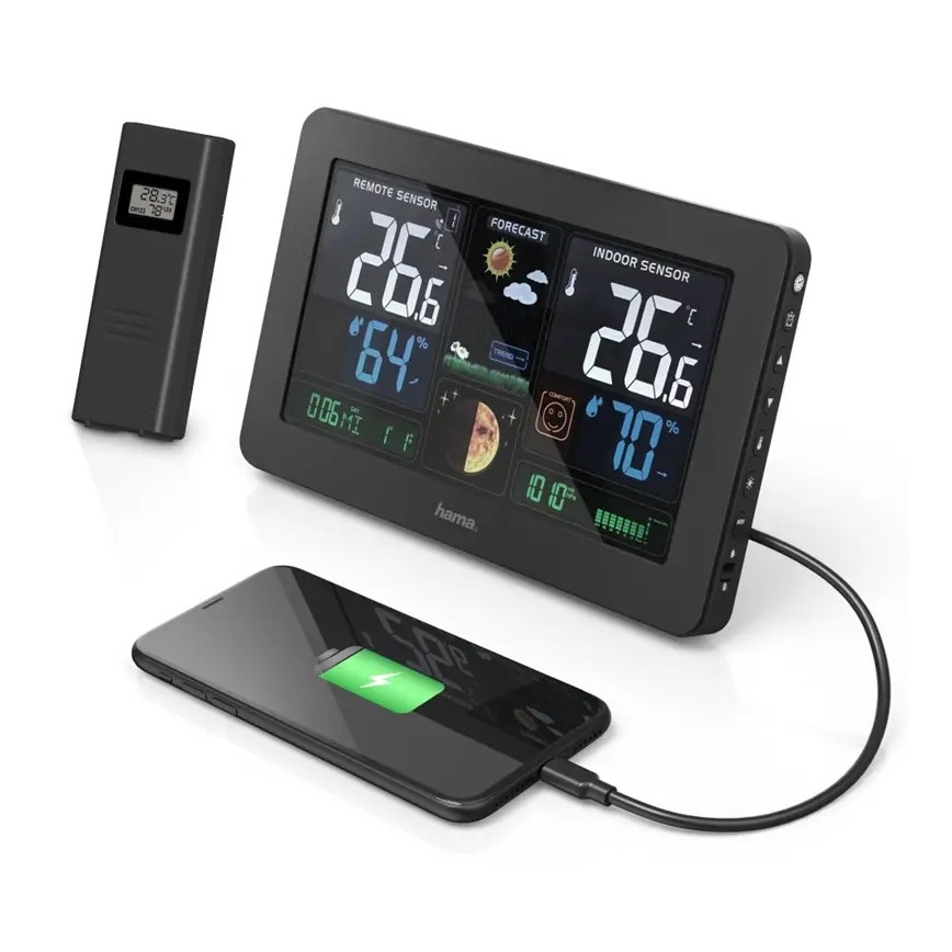 Hama - Stazione meteo con display LCD a colori e sveglia 230V/2xAA + USB nero