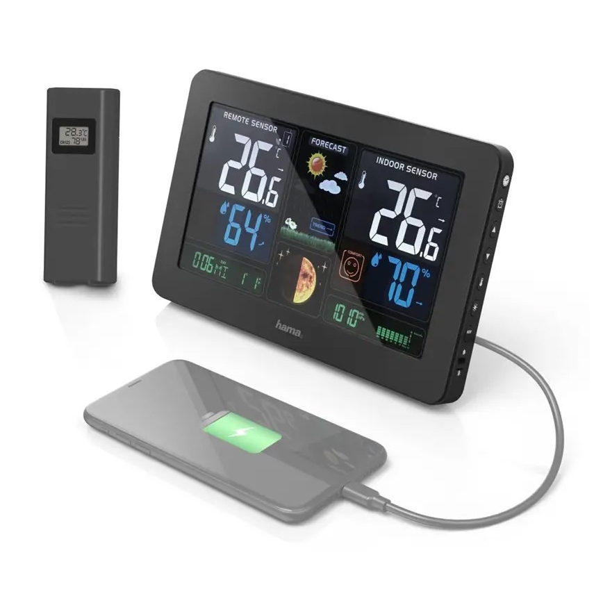Hama - Stazione meteo con display LCD a colori e sveglia 230V/2xAA + USB nero