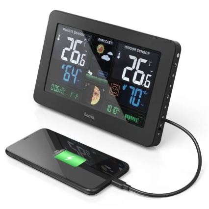 Hama - Stazione meteo con display LCD a colori e sveglia + USB nero