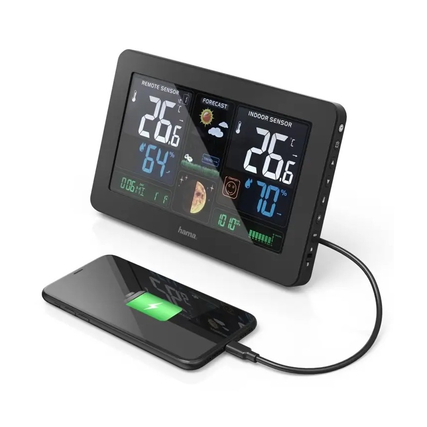 Hama - Stazione meteo con display LCD a colori e sveglia + USB nero