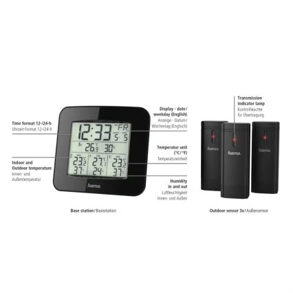 Hama - Stazione meteorologica con display LCD e sveglia 3xAAA + 3x sensore 2xAA