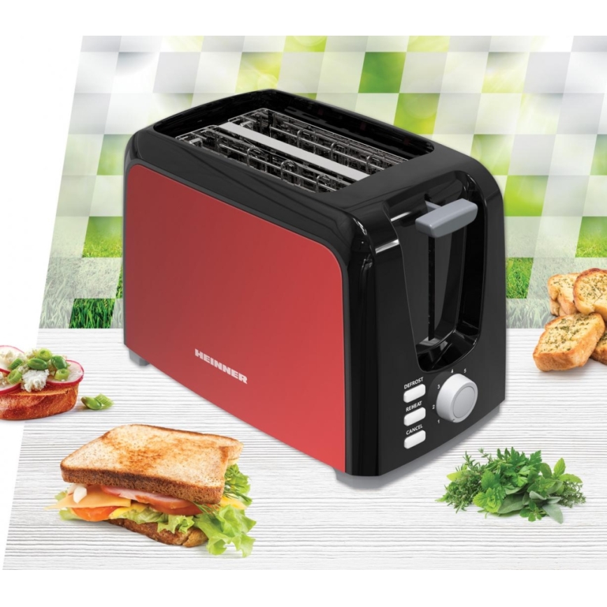 Heinner HTP-700BKRD - Tostapane a due fette 700W/230V rosso/cromo satinato