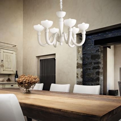 Ideal Lux - Lampadario a catena BON BON 8xE14/28W/230V diam. 95,5 cm bianco
