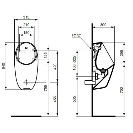 Ideal Standard E253701 - Urinale I.LIFE, attacco acqua posteriore, scarico posteriore, ceramica/bianco