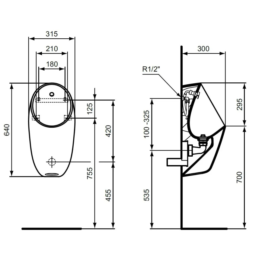 Ideal Standard E253701 - Urinale I.LIFE, attacco acqua posteriore, scarico posteriore, ceramica/bianco