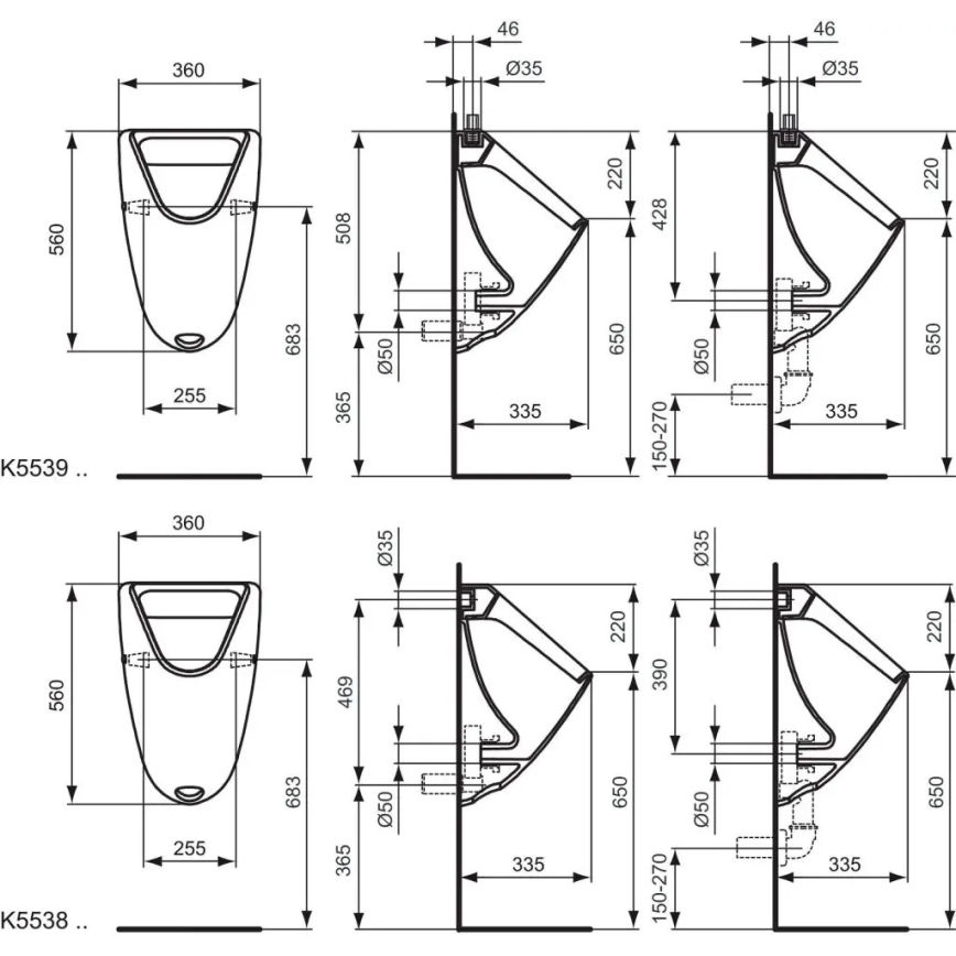 Ideal Standard K553901 - Urinale EUROVIT con alimentazione dall'alto, scarico posteriore, in ceramica, bianco