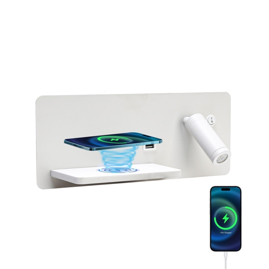 Immax 08286L - LED Faretto da parete con ripiano, porta USB e ricarica wireless Be PREPARE LED/3W/230V + LED/3W bianco