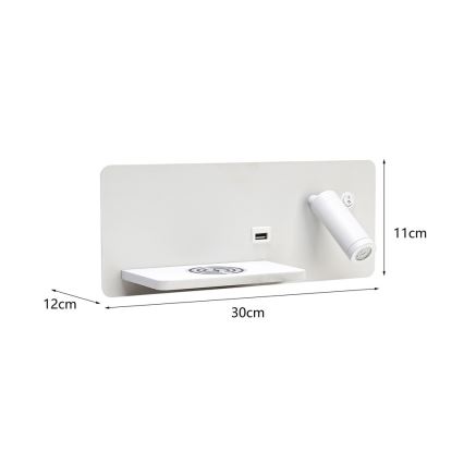Immax 08286L - LED Faretto da parete con ripiano, porta USB e ricarica wireless Be PREPARE LED/3W/230V + LED/3W bianco
