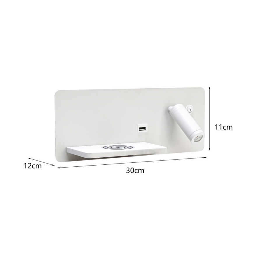 Immax 08286L - LED Faretto da parete con ripiano, porta USB e ricarica wireless Be PREPARE LED/3W/230V + LED/3W bianco