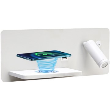 Immax 08286L - LED Faretto da parete con ripiano, porta USB e ricarica wireless Be PREPARE LED/3W/230V + LED/3W bianco