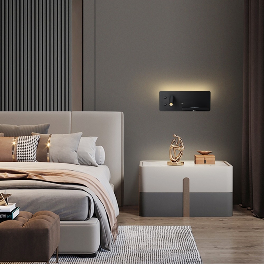 Immax 08287L - LED Faretto da parete con ripiano, porta USB e ricarica wireless Be PREPARE LED/3W/230V + LED/3W nero