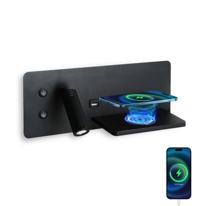 Immax 08287L - LED Faretto da parete con ripiano, porta USB e ricarica wireless Be PREPARE LED/3W/230V + LED/3W nero