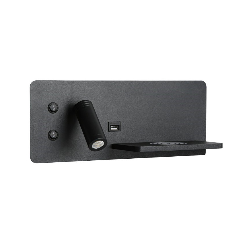 Immax 08287L - LED Faretto da parete con ripiano, porta USB e ricarica wireless Be PREPARE LED/3W/230V + LED/3W nero