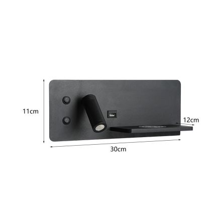 Immax 08287L - LED Faretto da parete con ripiano, porta USB e ricarica wireless Be PREPARE LED/3W/230V + LED/3W nero