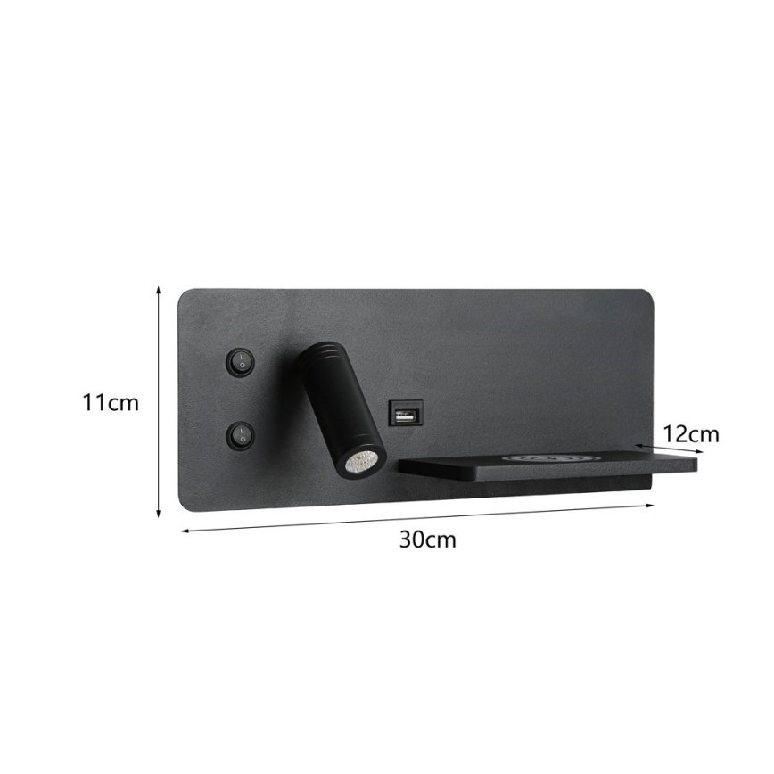 Immax 08287L - LED Faretto da parete con ripiano, porta USB e ricarica wireless Be PREPARE LED/3W/230V + LED/3W nero