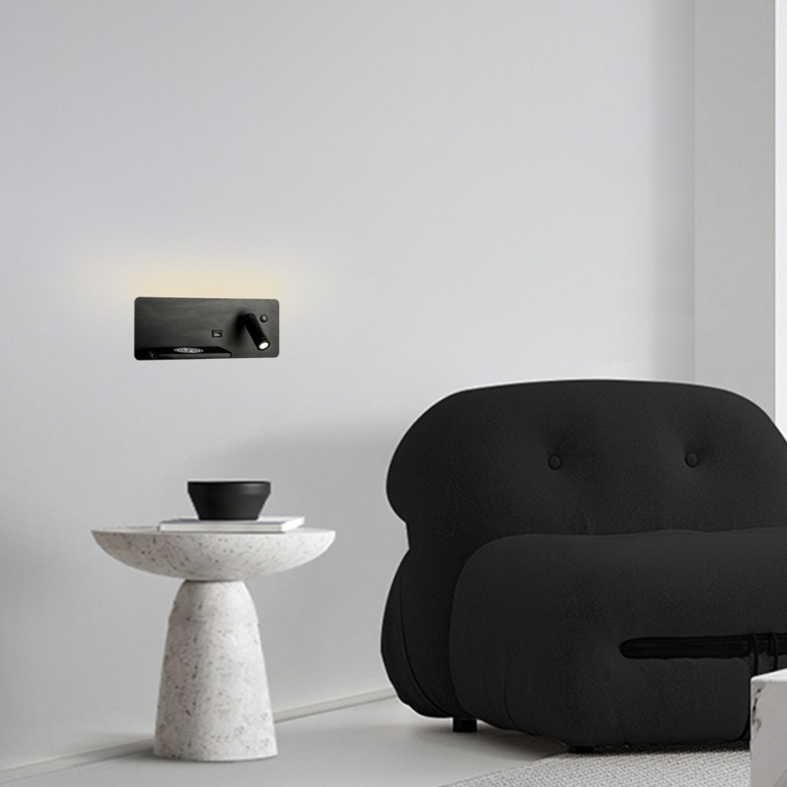 Immax 08288L - LED Faretto da parete con ripiano, porta USB e ricarica wireless Be PREPARE LED/3W/230V + LED/3W nero