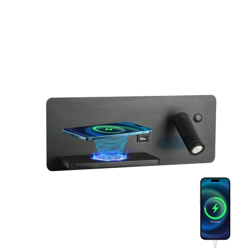 Immax 08288L - LED Faretto da parete con ripiano, porta USB e ricarica wireless Be PREPARE LED/3W/230V + LED/3W nero