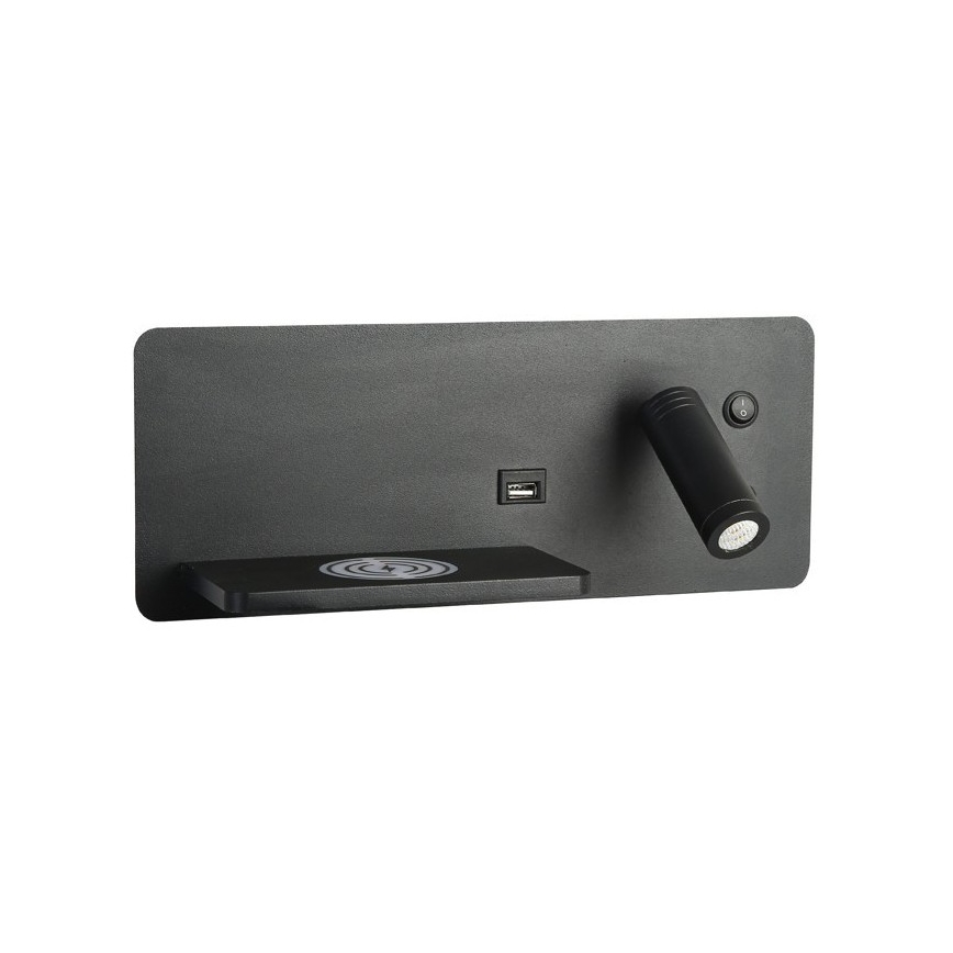 Immax 08288L - LED Faretto da parete con ripiano, porta USB e ricarica wireless Be PREPARE LED/3W/230V + LED/3W nero